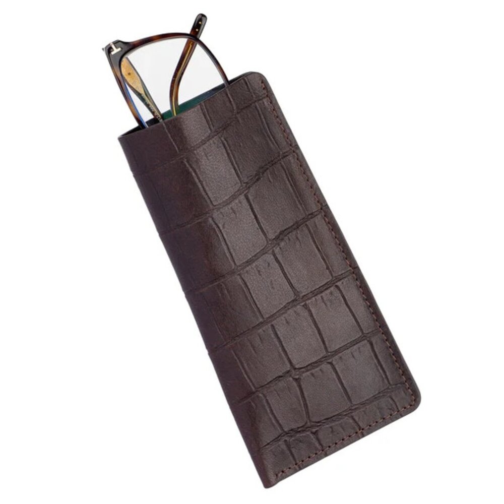 Luxury Calfskin Glasses Case – Alligator‑Style Texture - Matte Cherry Color